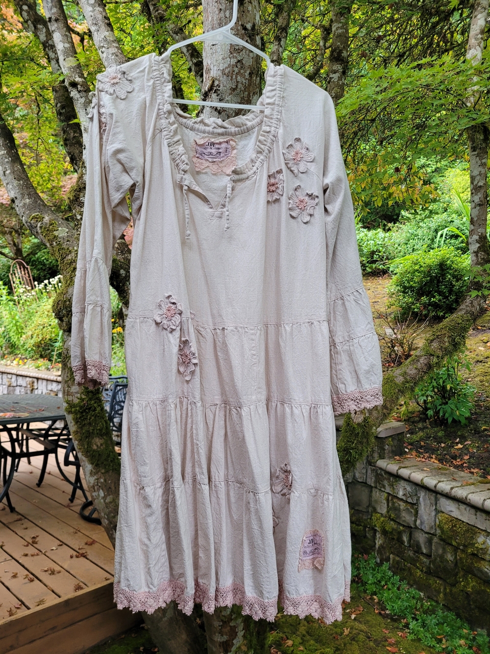 Jeanne D'Arc JDL Boho Lace-Trim Tiered Dress in Light Beige Pink - Women's XL